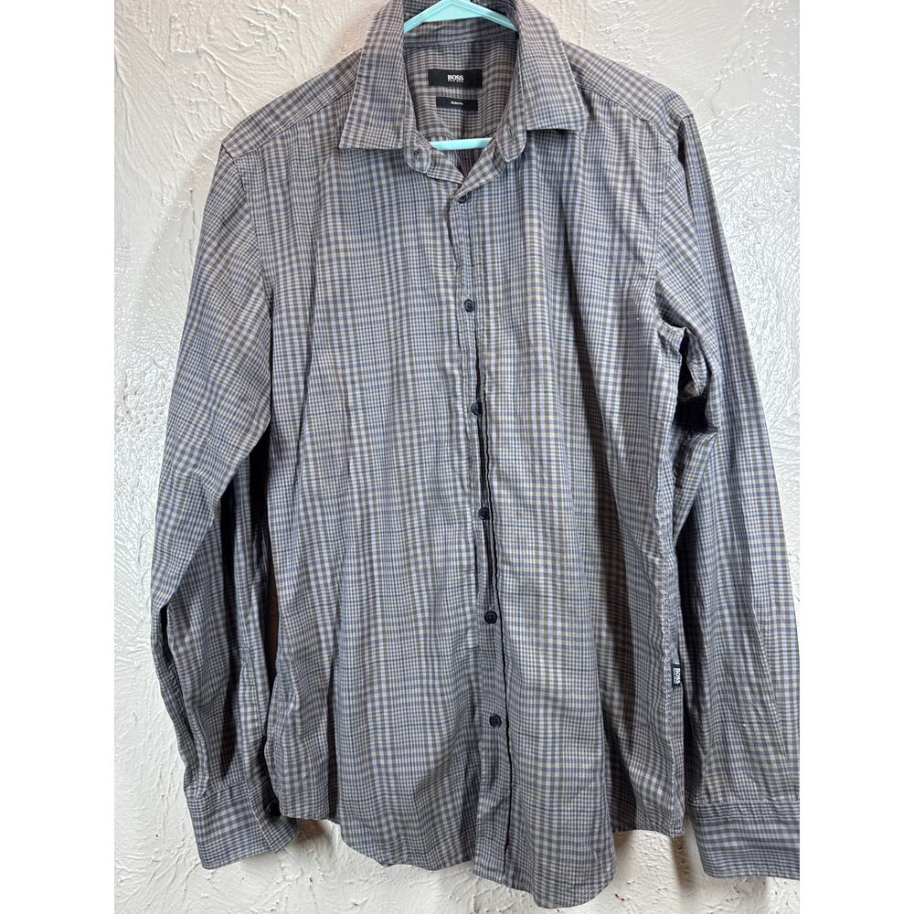 Hugo Boss Mens Slim Fit Long Sleeve Button Up Tartan Plaid Shirt Size Medium‎